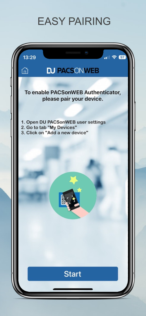 PACSonWEB - Easy device pairing screen in the PACSonWEB medical app for radiologists showing setup instructions