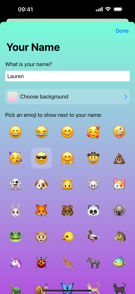 I Am Saving - Profile customization screen where children can enter their name and choose an emoji character for the I Am Saving app