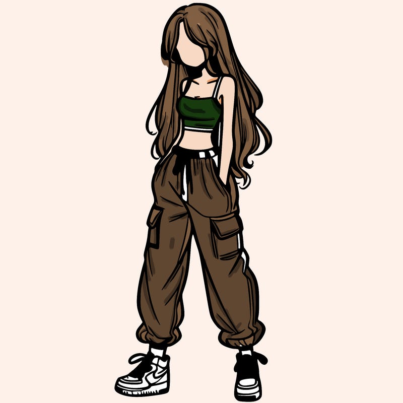 girl in baggy pants crop top and long hair