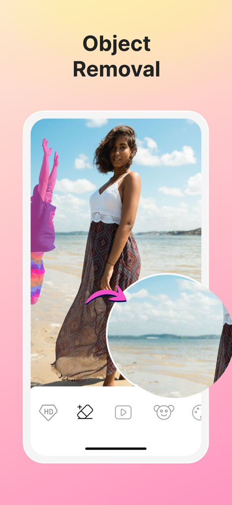 Vivid - AI Photo Enhancer - Una demostración de la aplicación Vivid AI photo enhancer usando la herramienta de eliminación de objetos para borrar a un intruso de una foto de vacaciones en la playa.