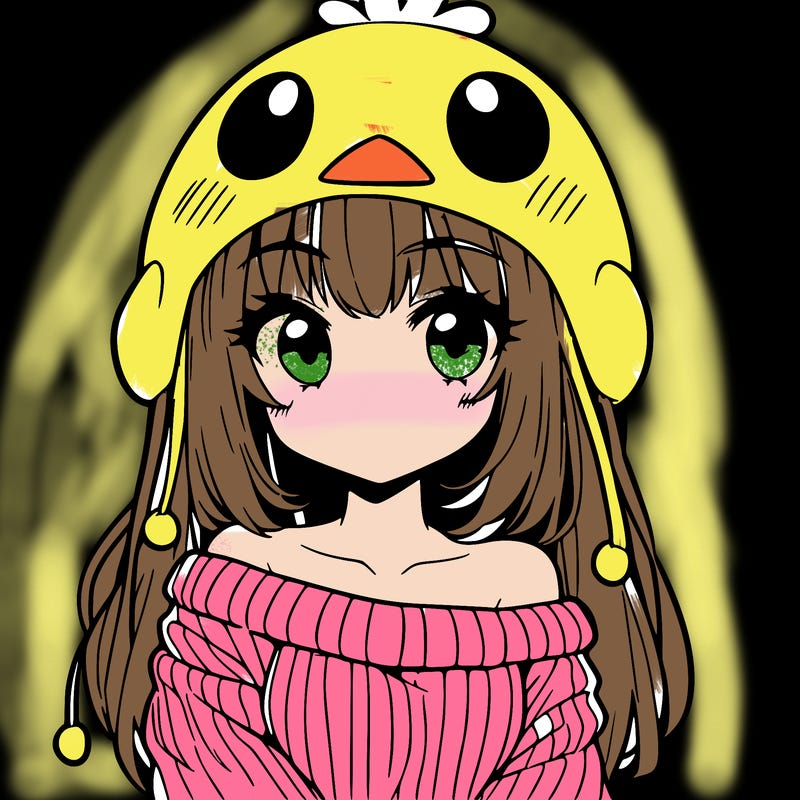 anime girl with chick shaped hat with sweater with bare shoulders with bangs covering them one eye with low tail