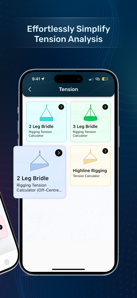 Rigging Load Calculator Tool - Interface of the Rigging Load Calculator Tool showing various sling and bridle tension calculation options.