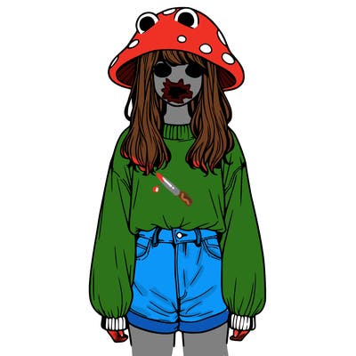a realistic girl with a frog hat and baggy mushroom shirt