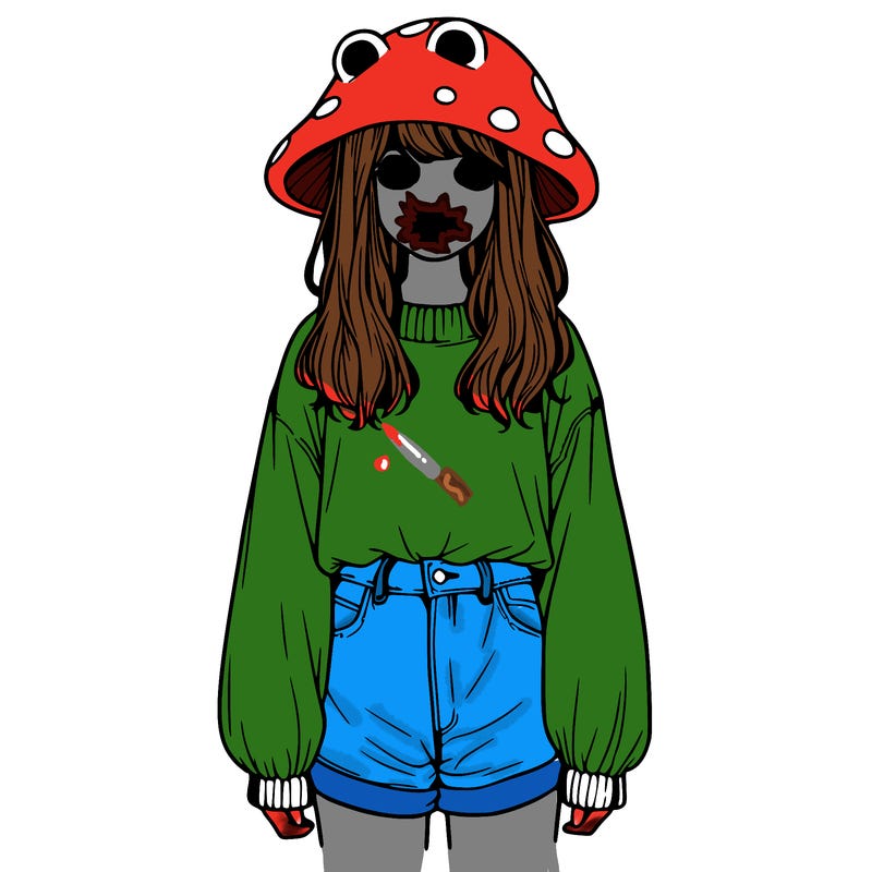 a realistic girl with a frog hat and baggy mushroom shirt