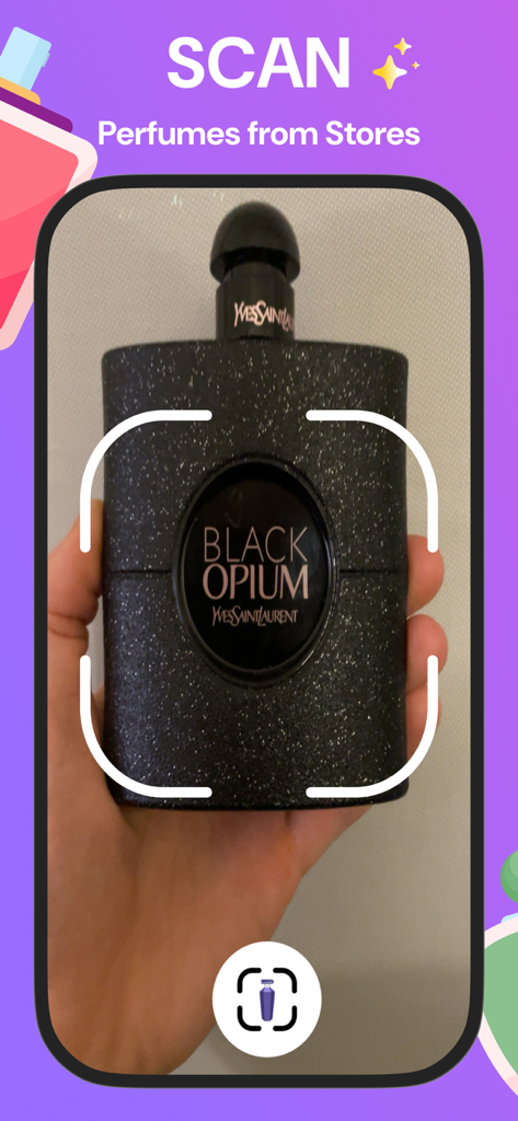 Fragram • Perfume Finder - A smartphone interface showing a hand holding a Black Opium perfume bottle being scanned by the Fragram app.