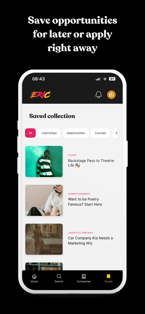 ERIC: Creative Career App - A mobile screenshot of the ERIC app saved collection screen showing various creative career opportunities and courses.