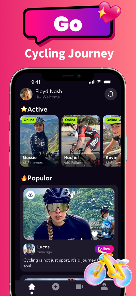 Peaclub：Connect & 1v1 Chat - Peaclub app home screen showing active cycling community members and popular posts.