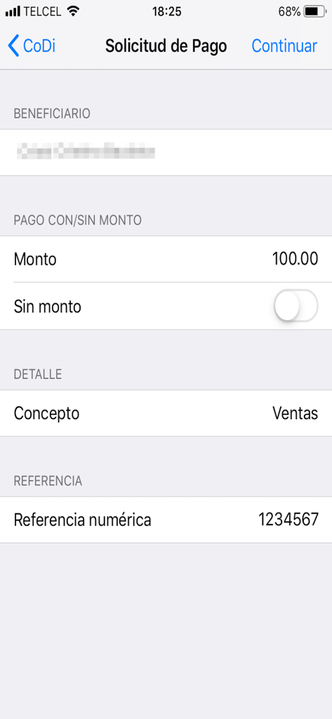 CoDi Banxico -solo para cobrar - A mobile app screen for creating a payment request in CoDi Banxico showing amount and sales details.