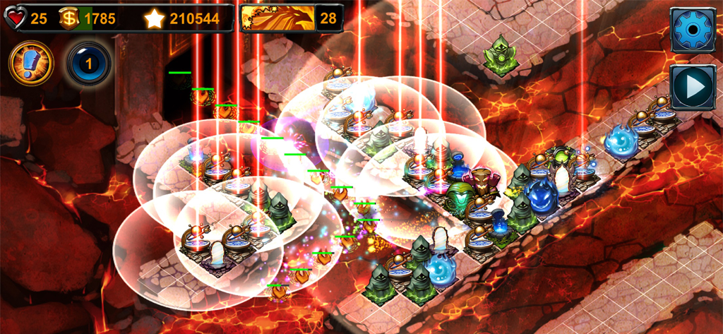 Elemental towers firing lasers at enemies in Element TD