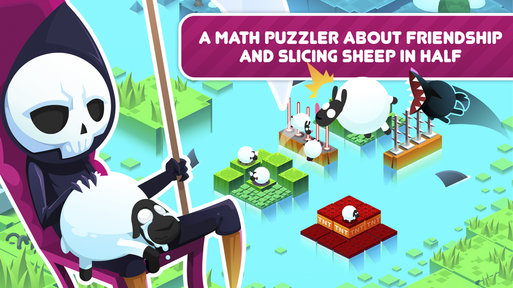 Una captura de pantalla del juego de Divide By Sheep con la Parca y varios puzles de corte de ovejas.