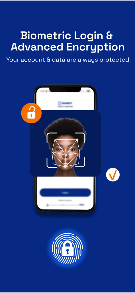 Bankit - Send Money Fast - Bankit app interface showing biometric login with facial recognition and fingerprint scan for account protection