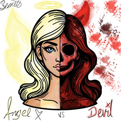 bust of a woman, half face and hair, half skull