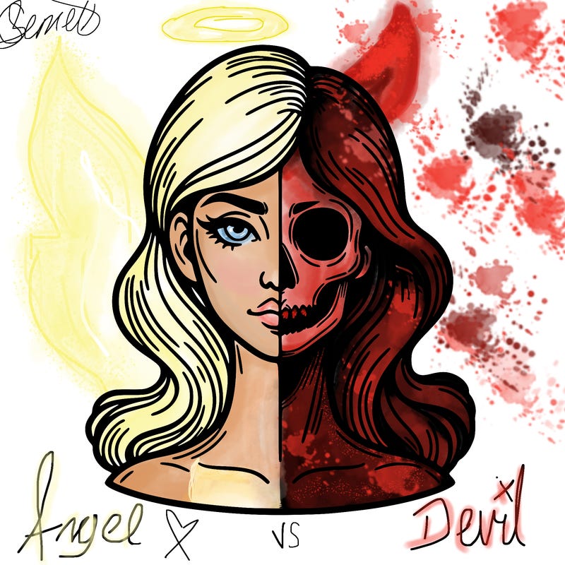 bust of a woman, half face and hair, half skull