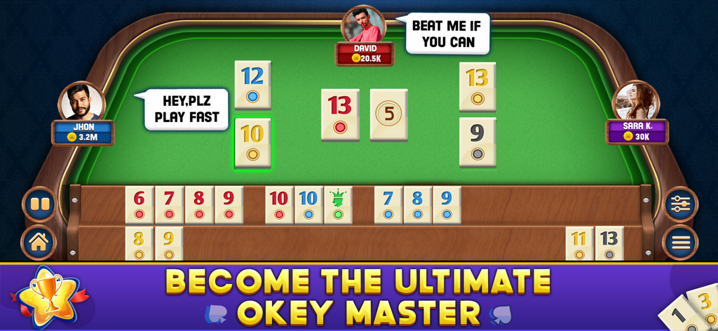 Okey - Offline Board Game - Pantalla de juego de Okey Juego de Mesa Offline mostrando fichas sobre una mesa verde con avatares de jugadores.