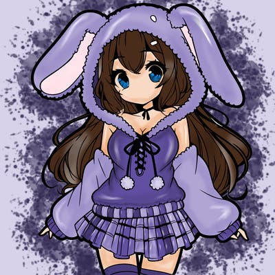 pretty anime girl wearing a fluffy hoodie with bunny ears on the hood and a skirt
