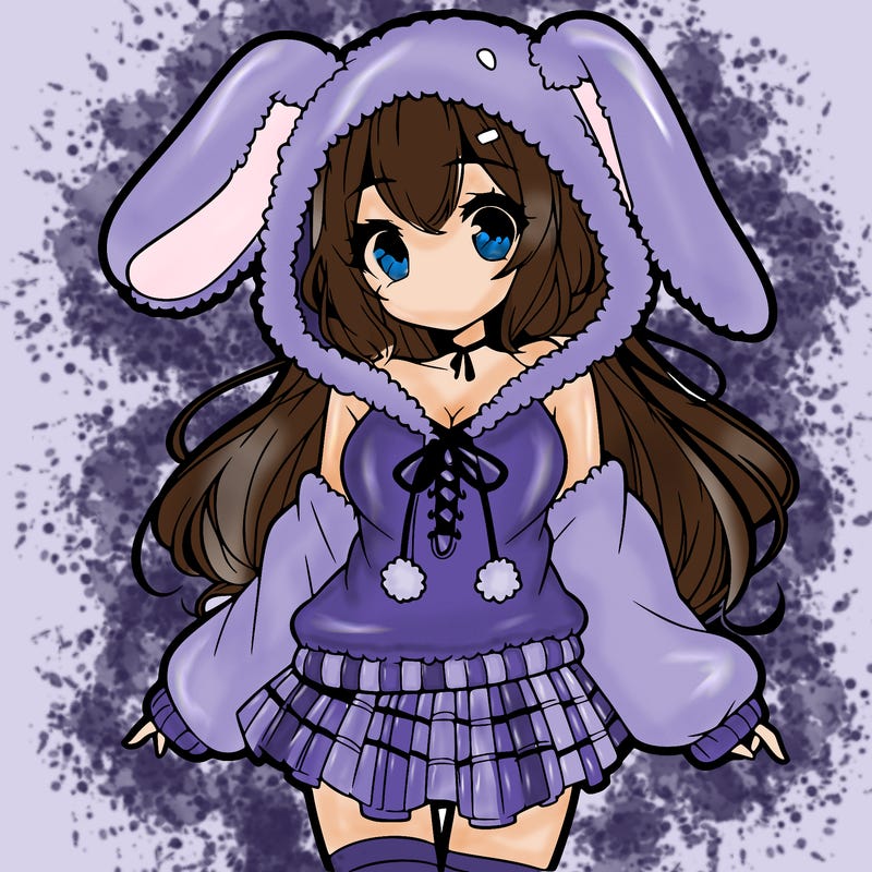 pretty anime girl wearing a fluffy hoodie with bunny ears on the hood and a skirt