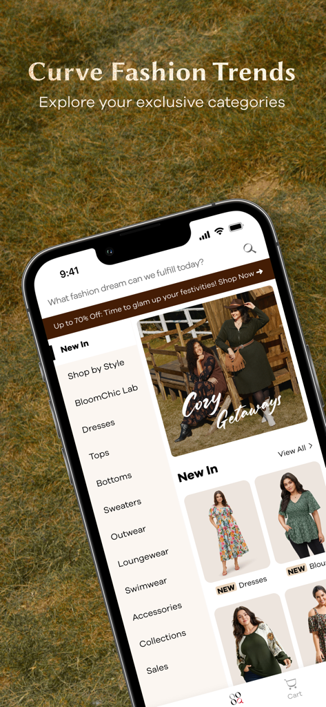 BloomChic mobile app screen displaying plus size fashion categories and new arrivals