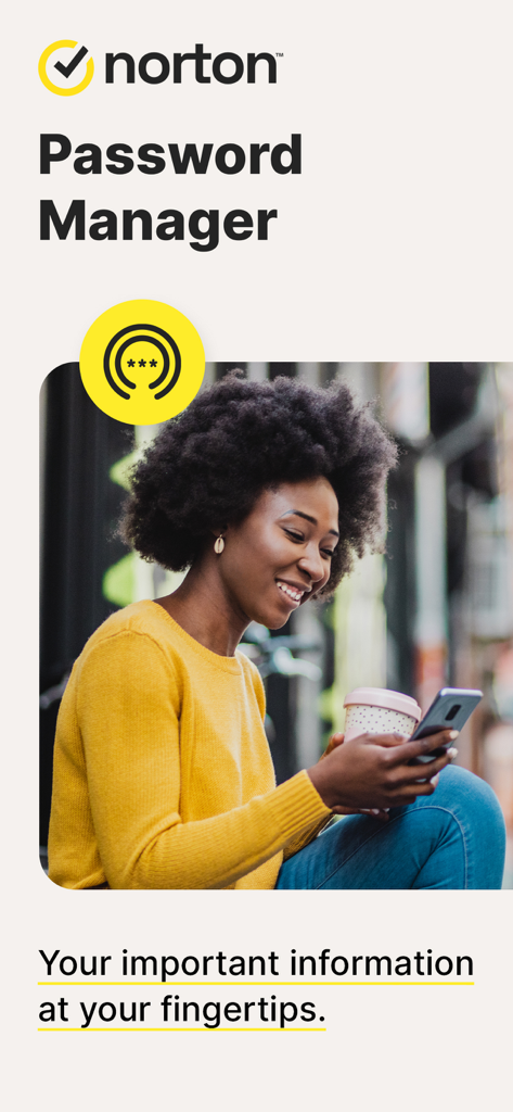Smiling woman using her smartphone with Norton Password Manager logo and slogan