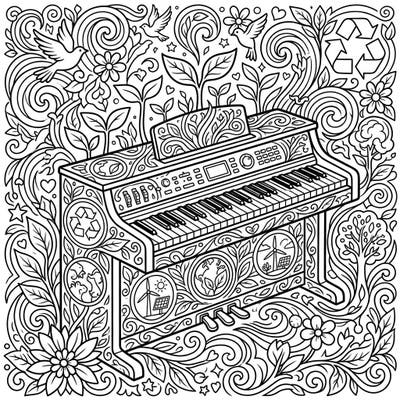 Immerse yourself in a world where music meets environmental consciousness with this intricate digital piano coloring page. Adorned with beautiful Earth Day symbols, it's a perfect blend of creativity and advocacy.