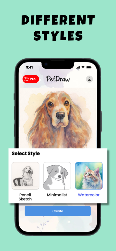 Petdraw: Pet Photo Art Editor - Interfaccia dell'app Petdraw che mostra diversi stili artistici, tra cui acquerello e schizzo a matita per un ritratto di cane