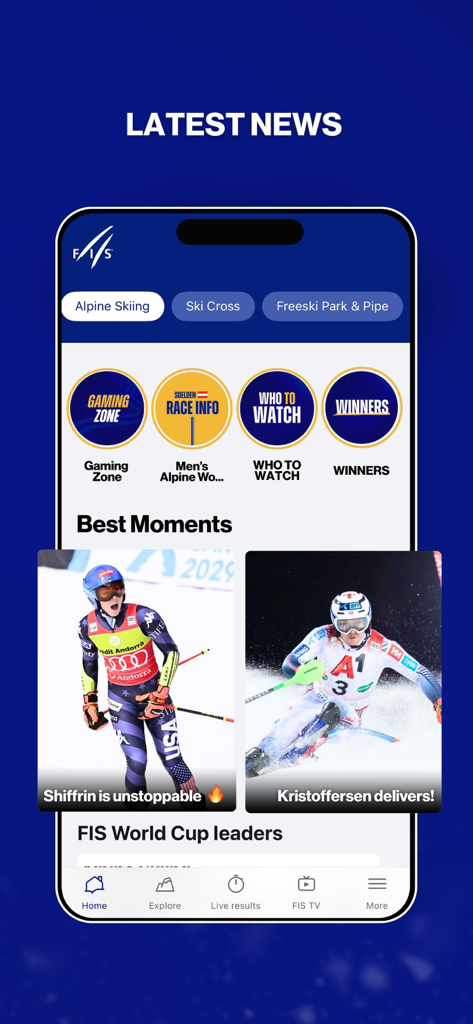 FIS Official: Ski & Snowboard - Schermata delle ultime notizie e dei momenti migliori dall'app mobile ufficiale FIS Sci e Snowboard
