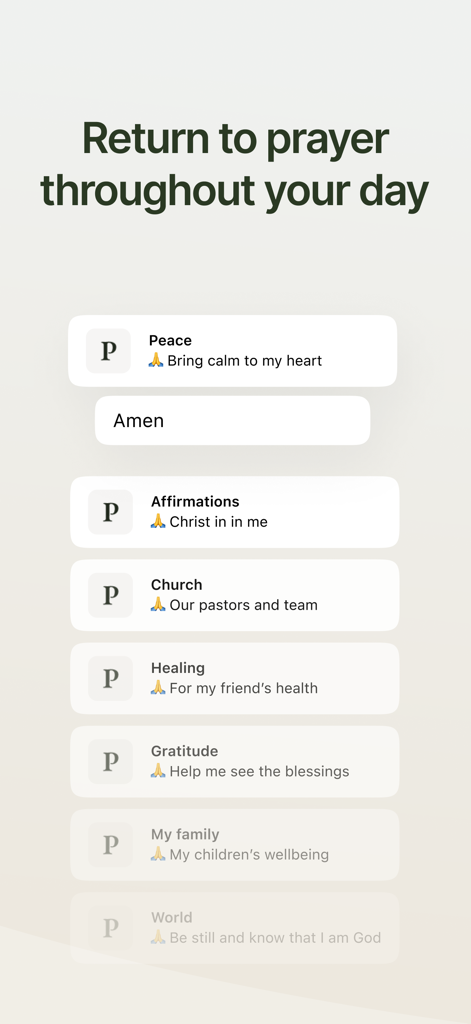 Prayminder - Interface of the Prayminder app showing a list of prayer categories including Peace Healing and Gratitude