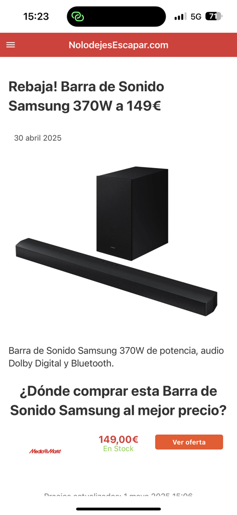 Oferta de descuento de barra de sonido Samsung mostrada en la aplicación No lo dejes escapar.