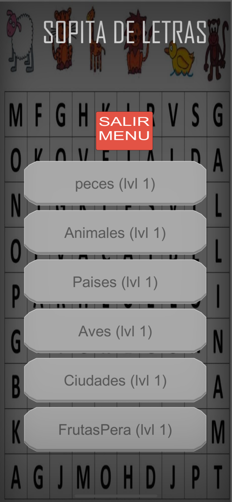 Sudokus y Sopa de Letras - 動物、国、都市などのさまざまなスペイン語の単語検索カテゴリが表示されたメインメニュー画面。