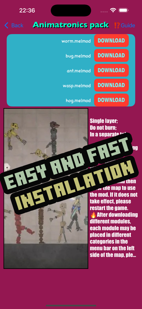Pantalla de la aplicación mostrando mods de pack de animatronics para Melon Playground con banner de instalación fácil