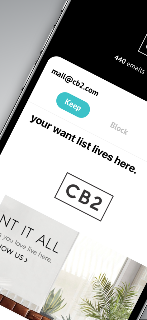Close up of Unroll.Me app interface showing the option to keep a subscription from CB2.