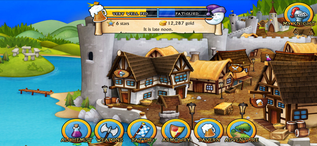 Swords and Sandals Medieval - Medieval village hub showing shops for weapons, armor, and alchemy in a cartoon art style