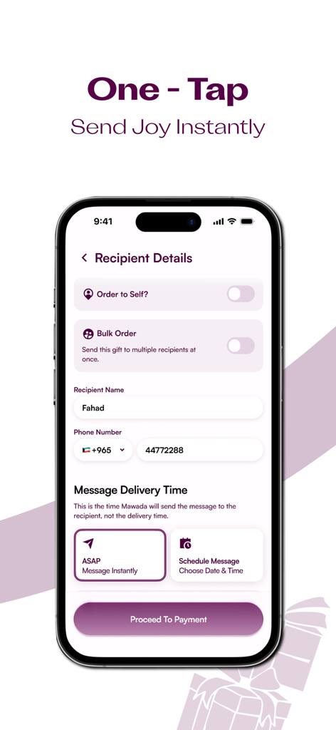 Mawada مودة - Mawada app screen showing recipient information input and gift delivery timing options.