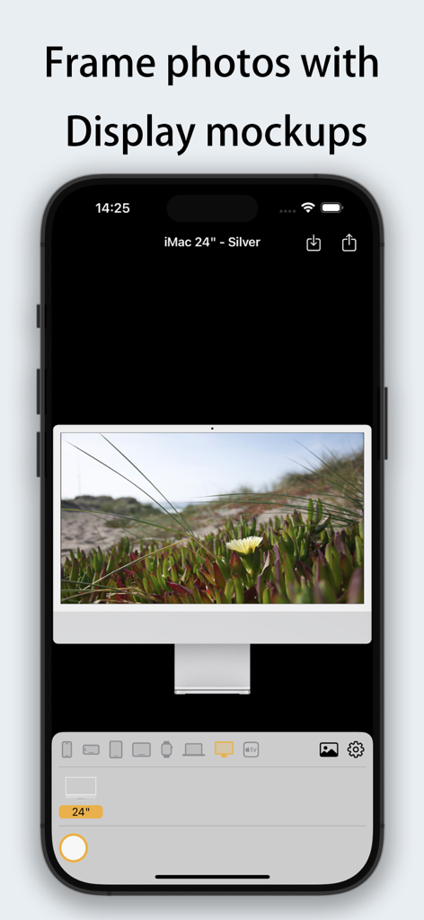 Framable app interface displaying a photo framed within a silver iMac 24 inch mockup