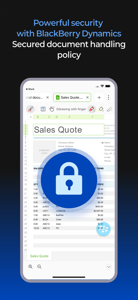 Polaris Viewer plus for BlackBerry app interface showing a secure sales quote spreadsheet with a large padlock icon representing data protection.