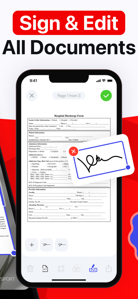 PDF Scanner aрp - Mobile interface of Scanner App Pro showing how to add a digital signature to a document.