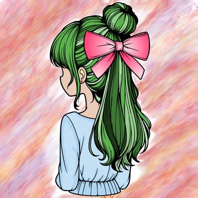 realistic girl  with hip length hair a bun and a big bow on the back of head