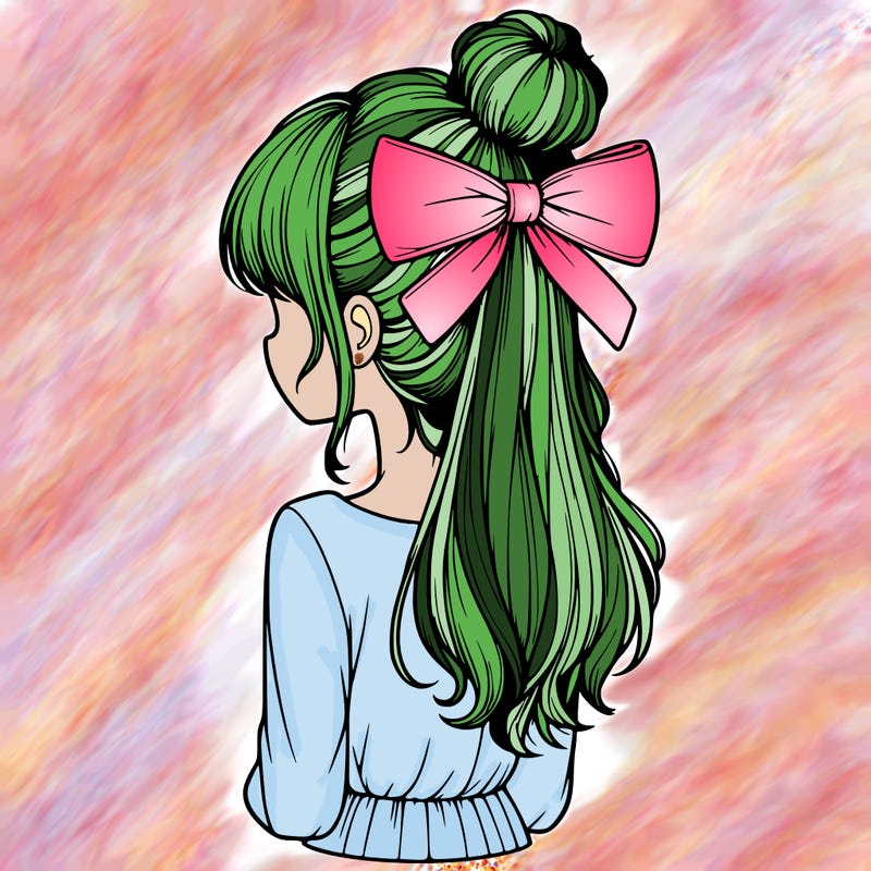 realistic girl  with hip length hair a bun and a big bow on the back of head