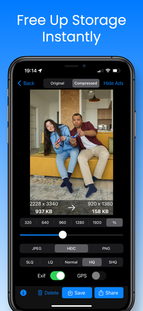 Easy Photo Compressor - Interface of Easy Photo Compressor app showing a photo file size reduction from 937KB to 158KB for quick storage optimization