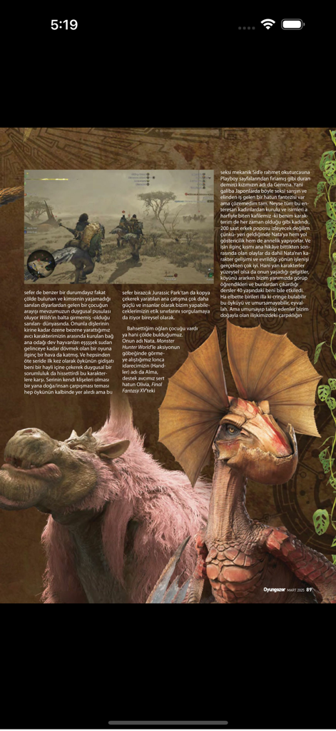 A page from the Turkish gaming magazine Oyungezer featuring an article about Monster Hunter Wilds with monster artwork and gameplay screenshots.
