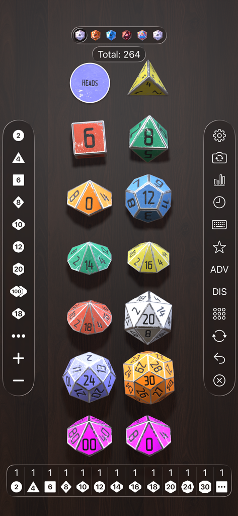 A variety of 3D polyhedral dice on a dark wood background in the Dice by PCalc app interface.