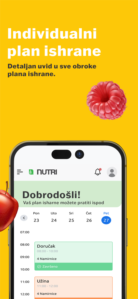 Nutri - Interfaz de la aplicación móvil Nutri que muestra un plan de comidas personalizado y un horario diario