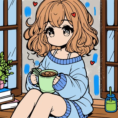 cute anime girl reading book and drinking hot chocolate from mug with loose wavy hair wearing a baggy sweatshirt and shorts sitting by windowsill looking out