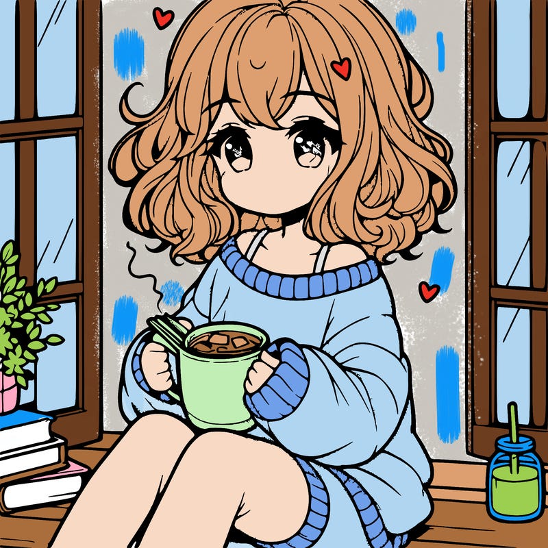 cute anime girl reading book and drinking hot chocolate from mug with loose wavy hair wearing a baggy sweatshirt and shorts sitting by windowsill looking out