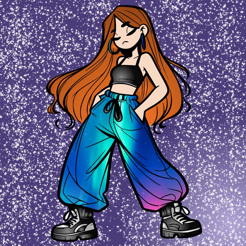 girl in baggy pants crop top and long hair