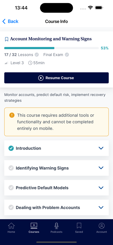 CFI: Real-World Finance - Ein mobiler App-Bildschirm, der Kursinformationen und den Fortschritt für eine Finanzzertifizierung anzeigt.