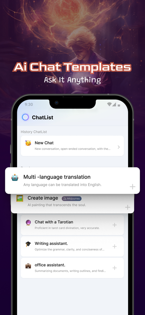 Screenshot dell'app mobile AI Box che mostra vari template di chat AI come traduzione, generazione di immagini e assistenza alla scrittura.