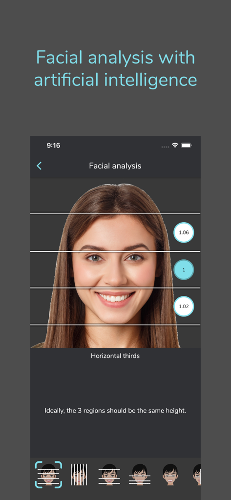 AI facial analysis with horizontal thirds in the PhotoDoc app