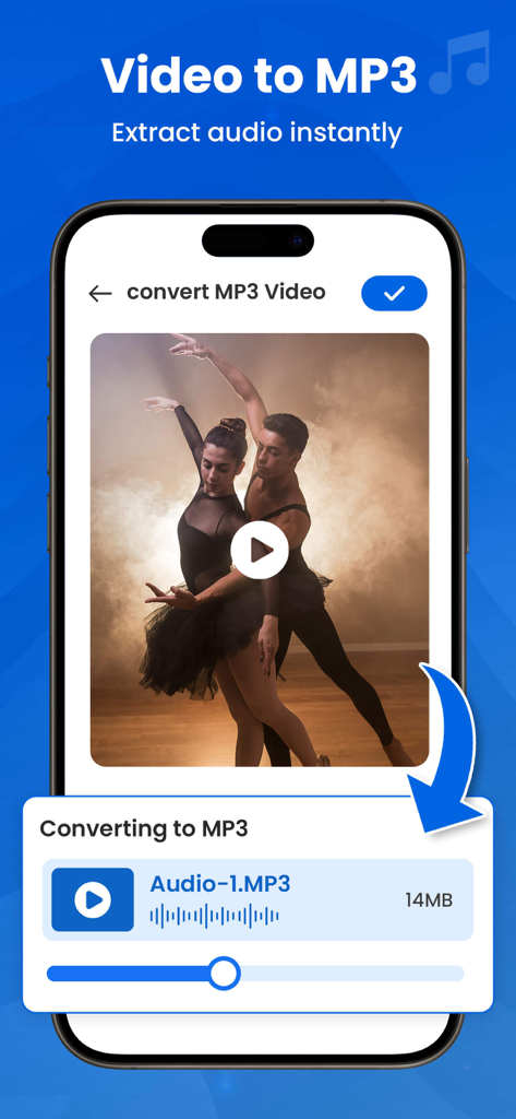 Video Compressor - VidPress - Interfaz de la aplicación VidPress mostrando un video de bailarines siendo convertidos a un archivo de audio MP3