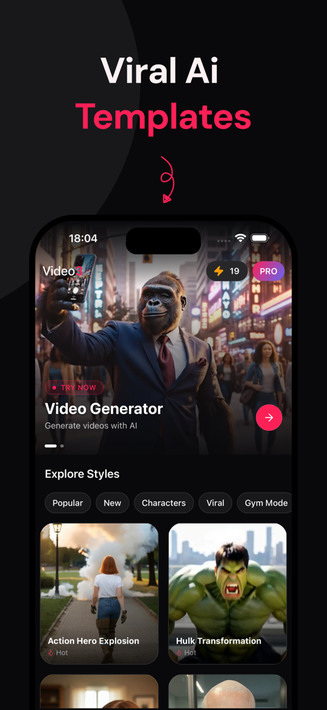 Video3: AI Video Generator - Interface of the Video3 app displaying viral AI video templates and creative styles like Action Hero and Hulk Transformation.