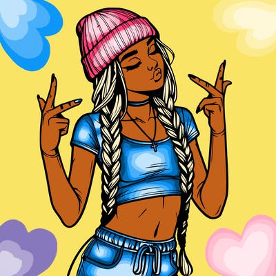 realistic teenage girl with braids and a beanie and crop top doing 🫶🏼